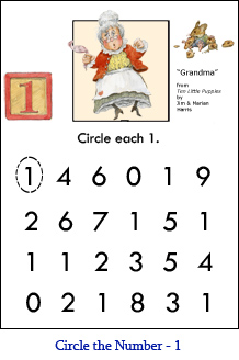 Circle the Number Worksheet  One (1) with white-haired grandma art and a “1” number block from the children’s picture book, Ten Little Puppies.